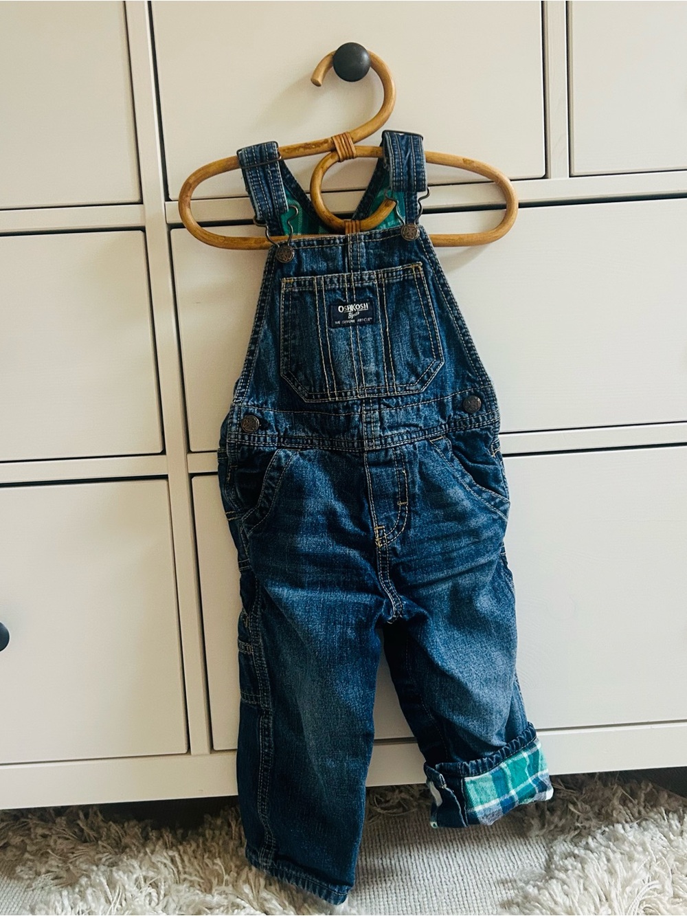 OshKosh B'gosh FLEECE LINED Blue Denim Kids Overalls with Green Plaid Cuff WARM